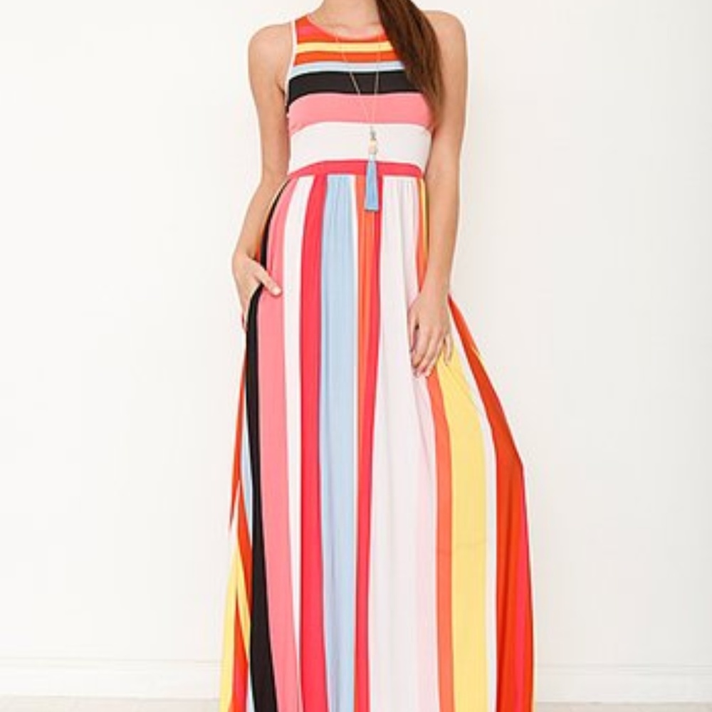 Orange & White Contrast Stripe Maxi Dress
